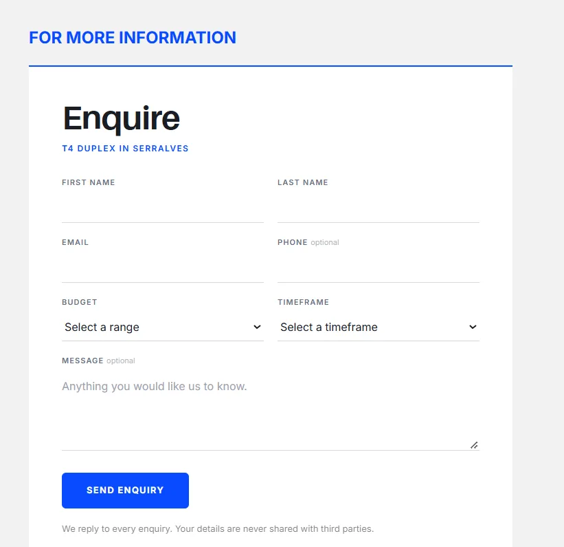 Property enquiry form that asks for budget and timeframe and sends the lead to HubSpot