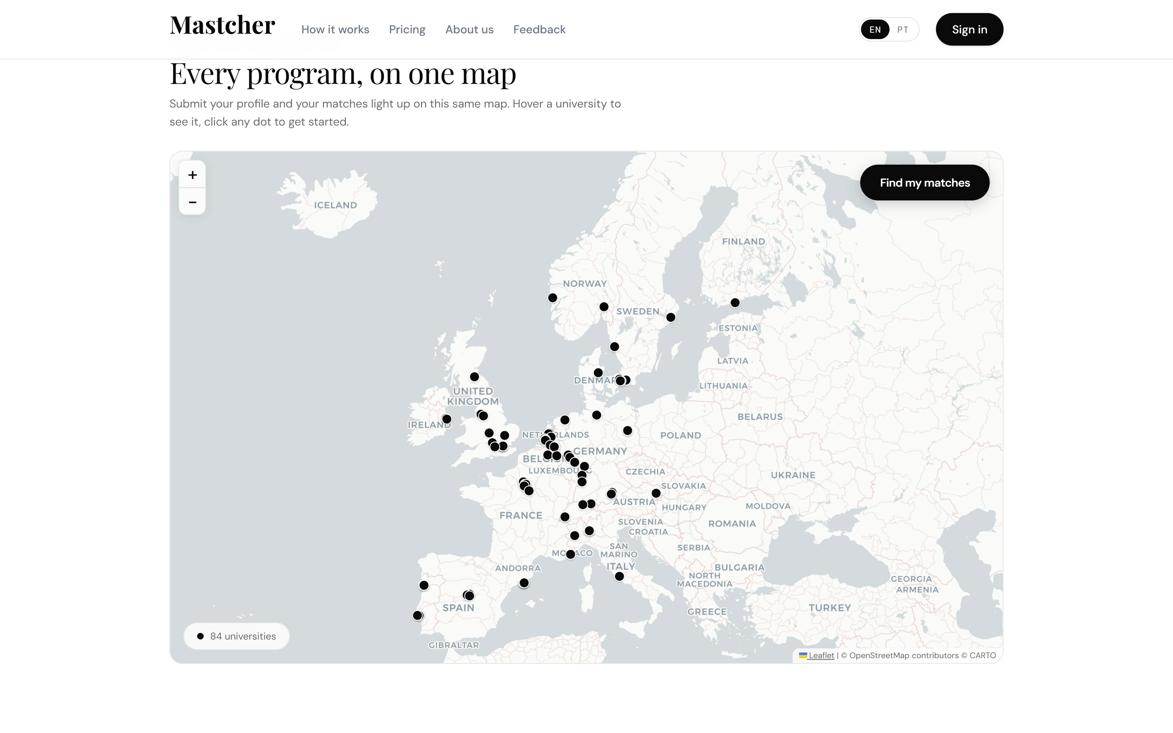 Map of Europe with a dot for each of the 84 universities in Mastcher