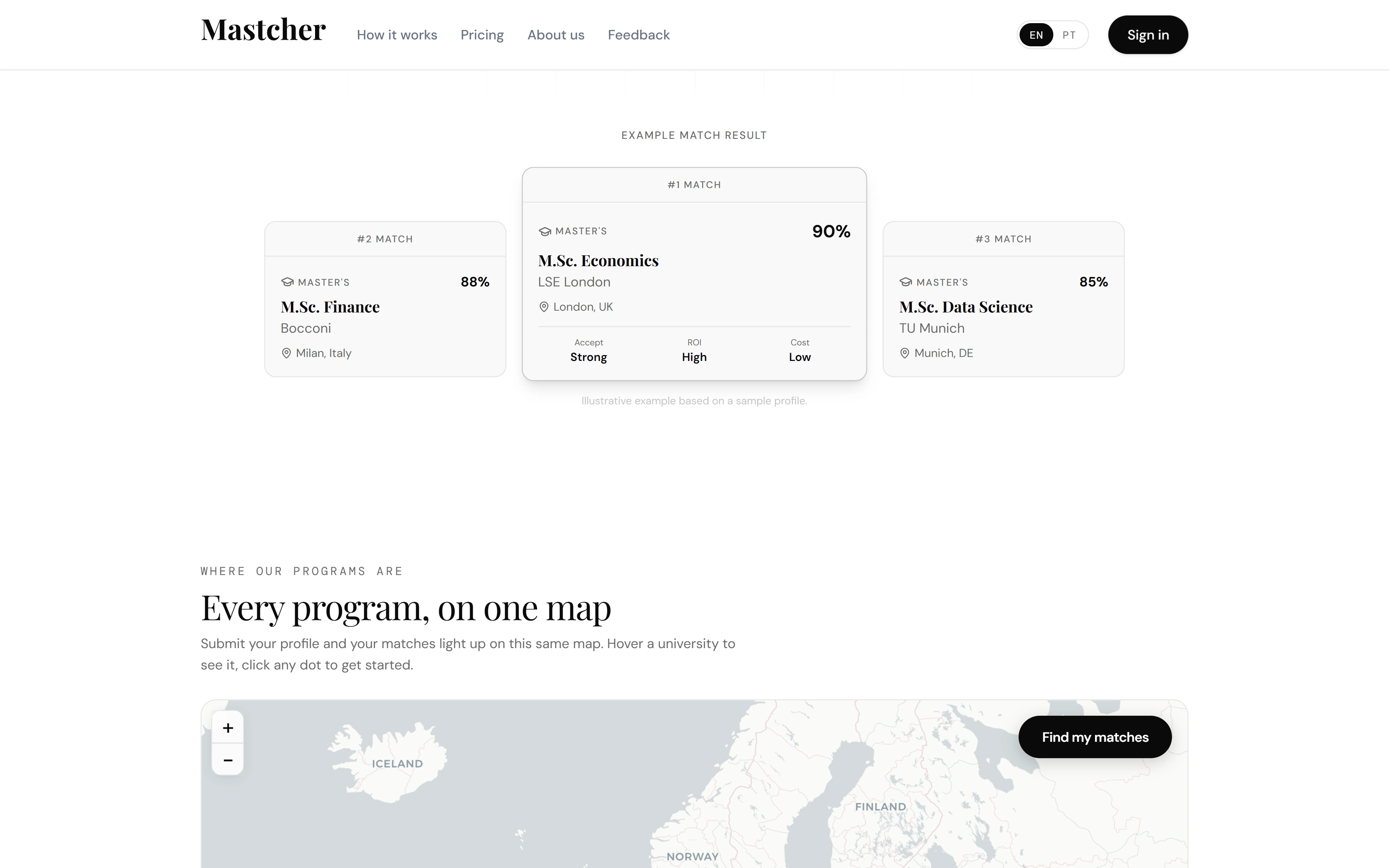 Example match result: three ranked master's programs with match percentages