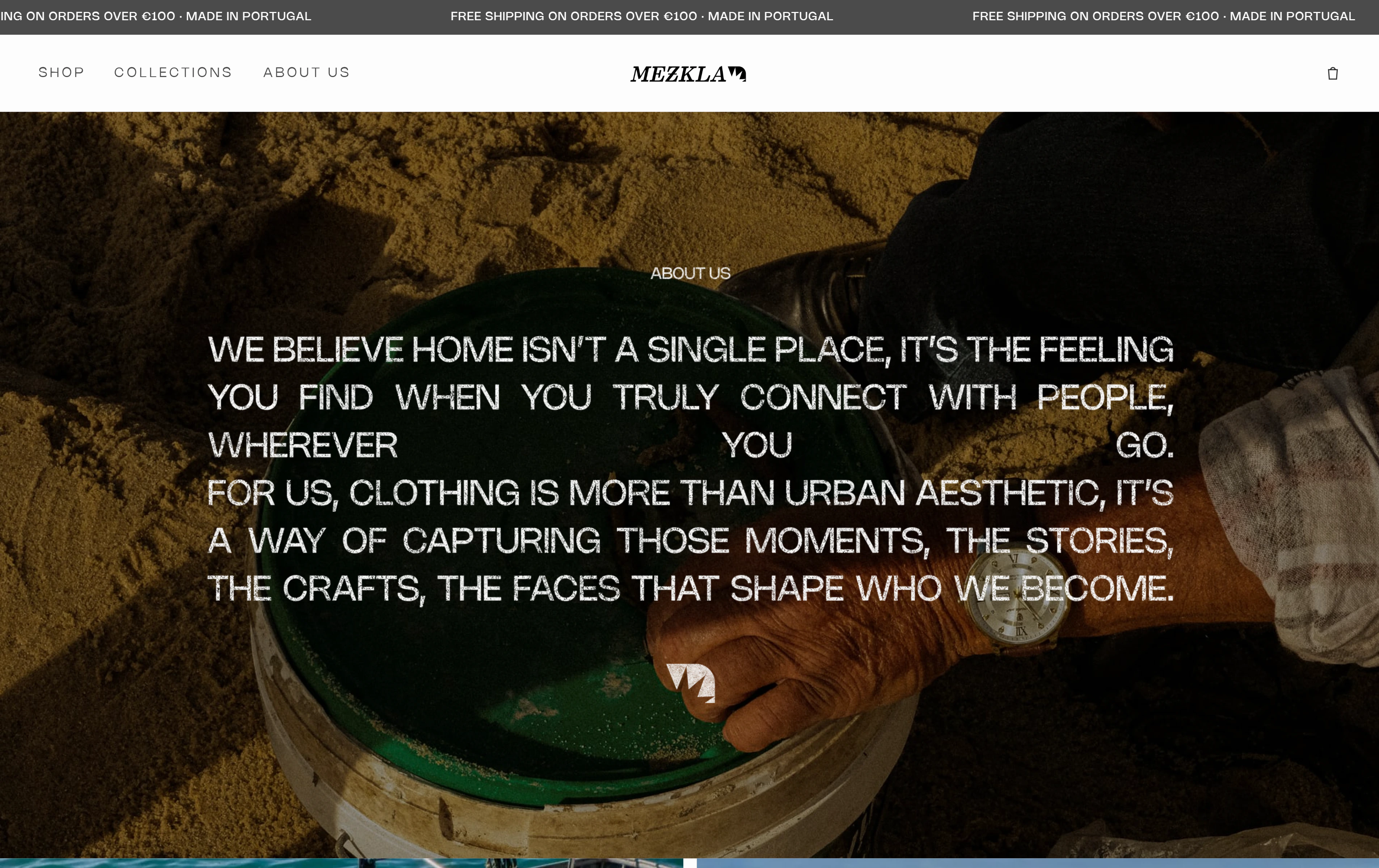 About page with the brand manifesto set over a photo of fishing gear on sand