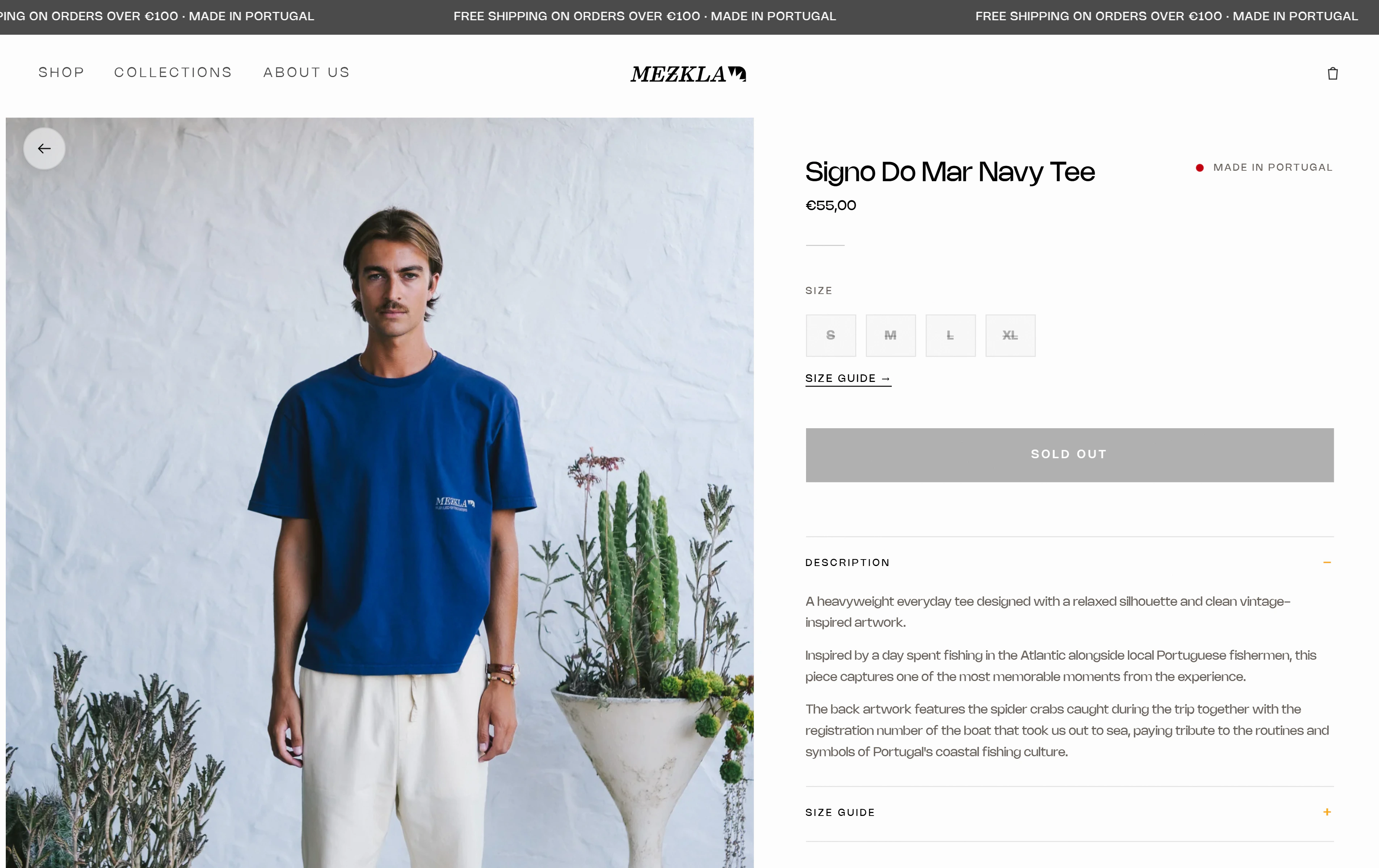Product page for the Signo do Mar navy tee with sizes and the story behind the print